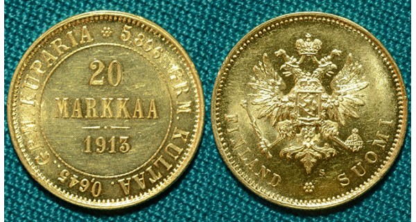 20 марок 1913 S Финляндия Au